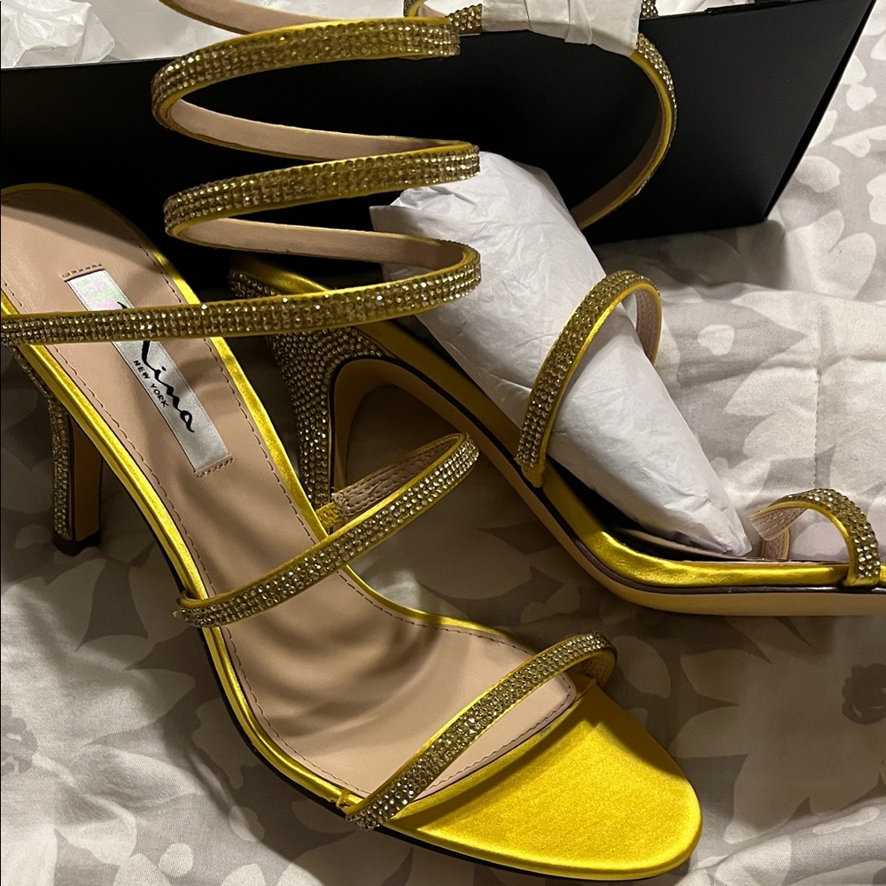 Nina Yellow Strappy Heels with Rhinestones